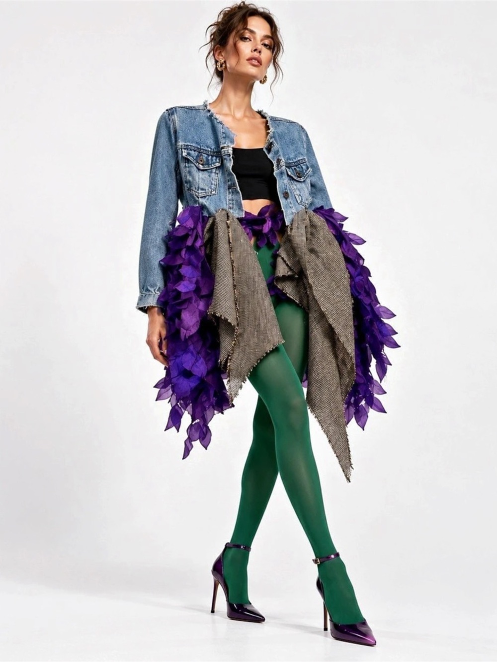 Cropped Embellished Jean Jacket in Blue & Purple Like New